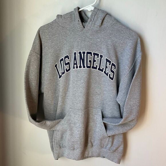 Vintage Los Angeles Pullover Hoodie by Gildan. Grey with navy. Medium - Picture 4 of 12